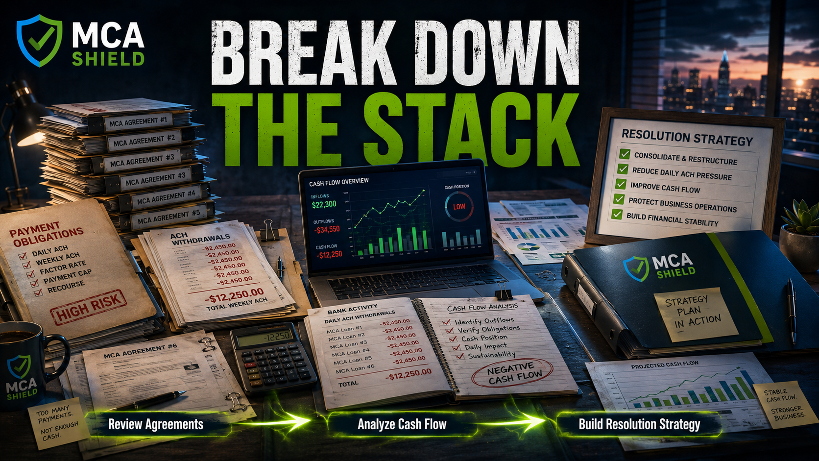 Break down stacked MCA loans by reviewing agreements analyzing cash flow and building a coordinated resolution strategy