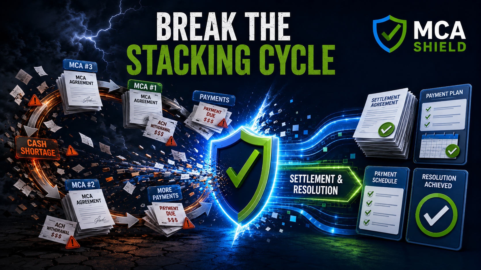 MCA debt stacking cycle showing multiple MCA payments cash shortage and MCA Shield settlement resolution strategy