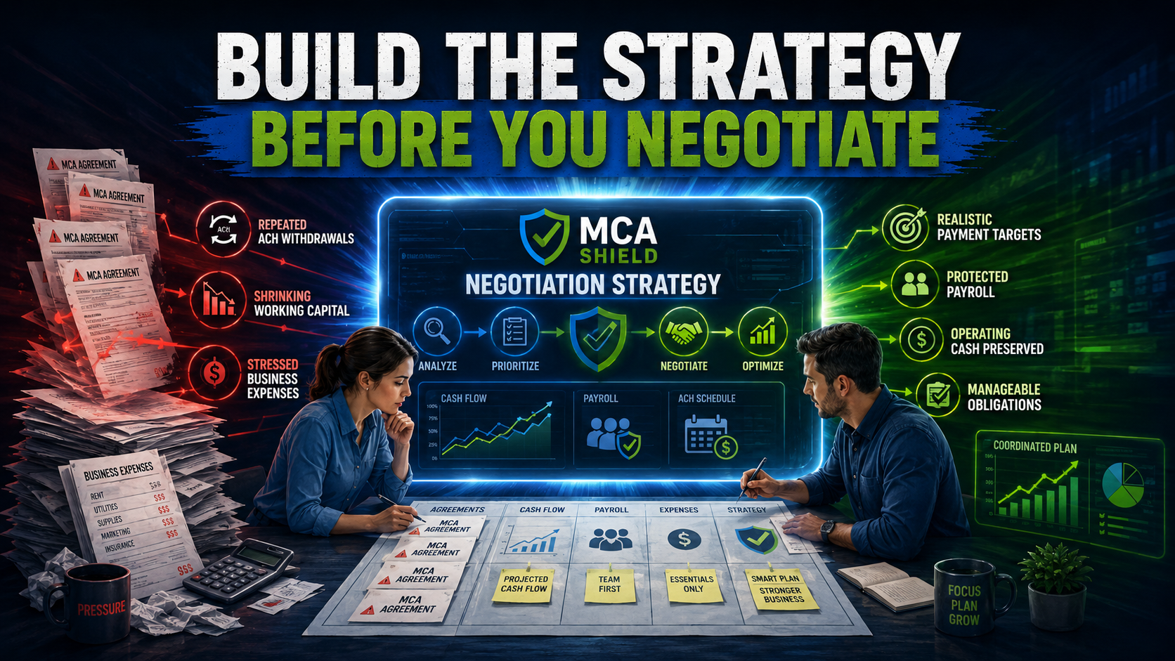 MCA Shield professionals building an MCA debt negotiation strategy to reduce payment pressure protect payroll preserve operating cash and coordinate manageable obligations