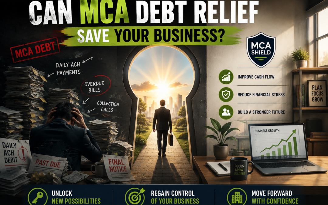 Illustration showing a business owner leaving financial stress behind through a doorway of opportunity, symbolizing how MCA debt relief can improve cash flow, reduce Merchant Cash Advance pressure, and support long-term business recovery.