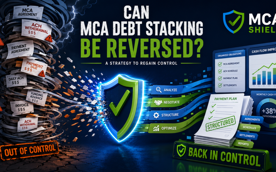 MCA debt stacking reversal graphic showing stacked MCA agreements daily ACH withdrawals MCA Shield strategy and improved business cash flow