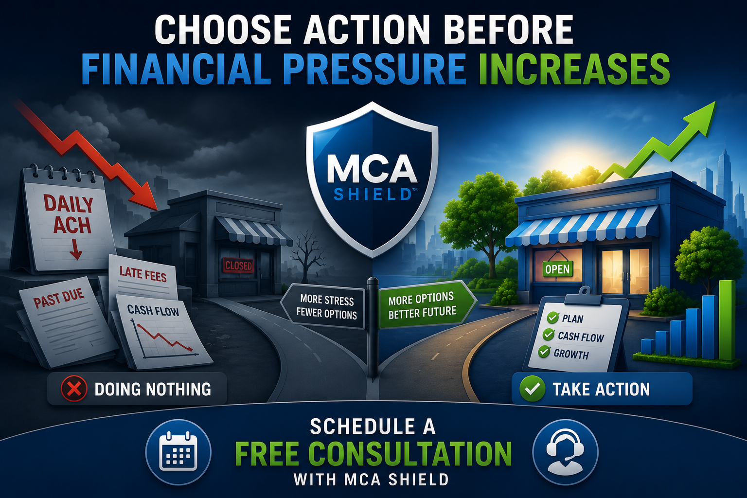 Illustration encouraging businesses to choose MCA debt relief before financial pressure increases, showing the contrast between ongoing financial stress and a path toward improved cash flow, financial stability, and business growth.