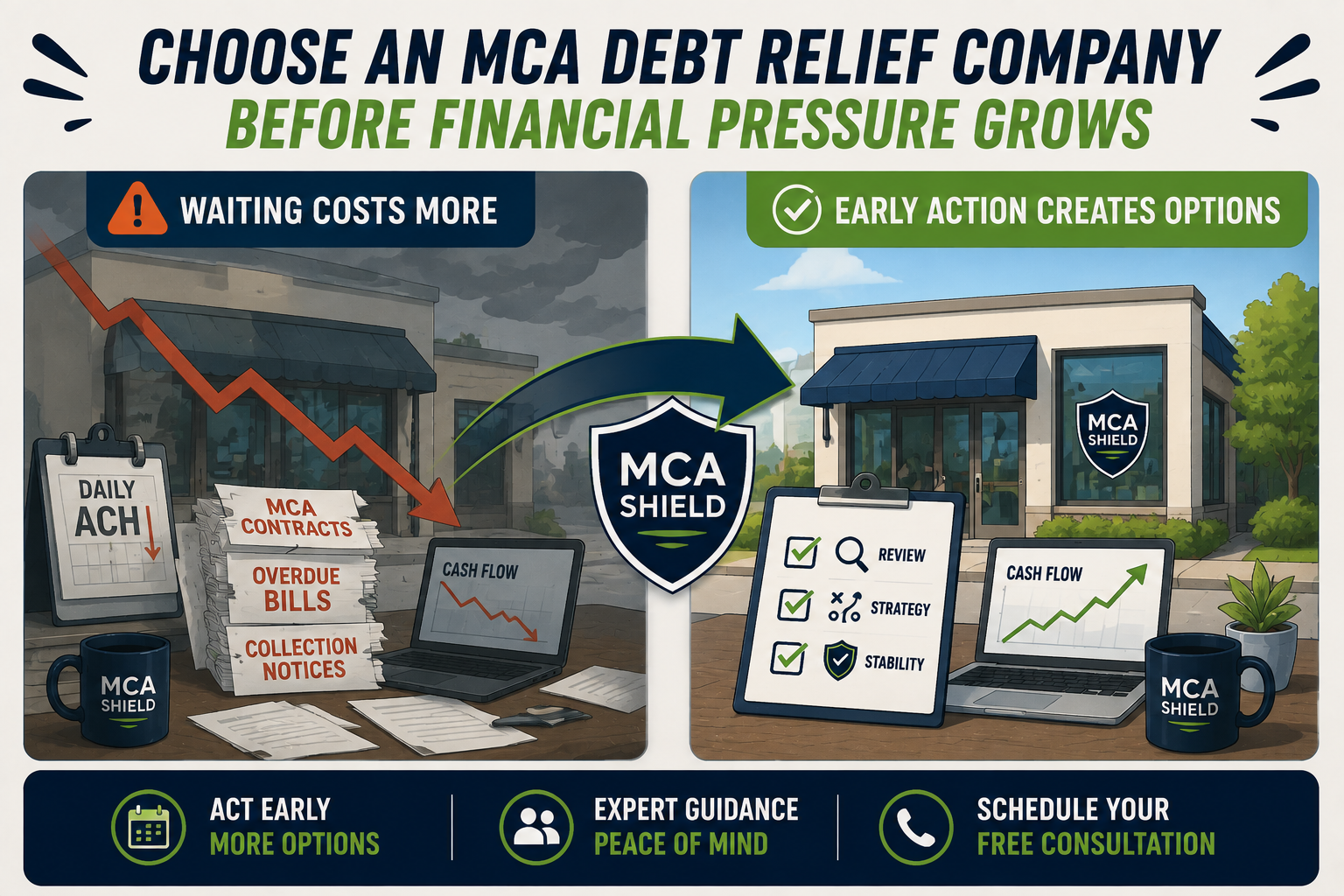 Illustration showing the benefits of choosing an MCA debt relief company early, comparing growing financial pressure with a customized Merchant Cash Advance debt relief plan that supports stronger cash flow and long-term business stability.