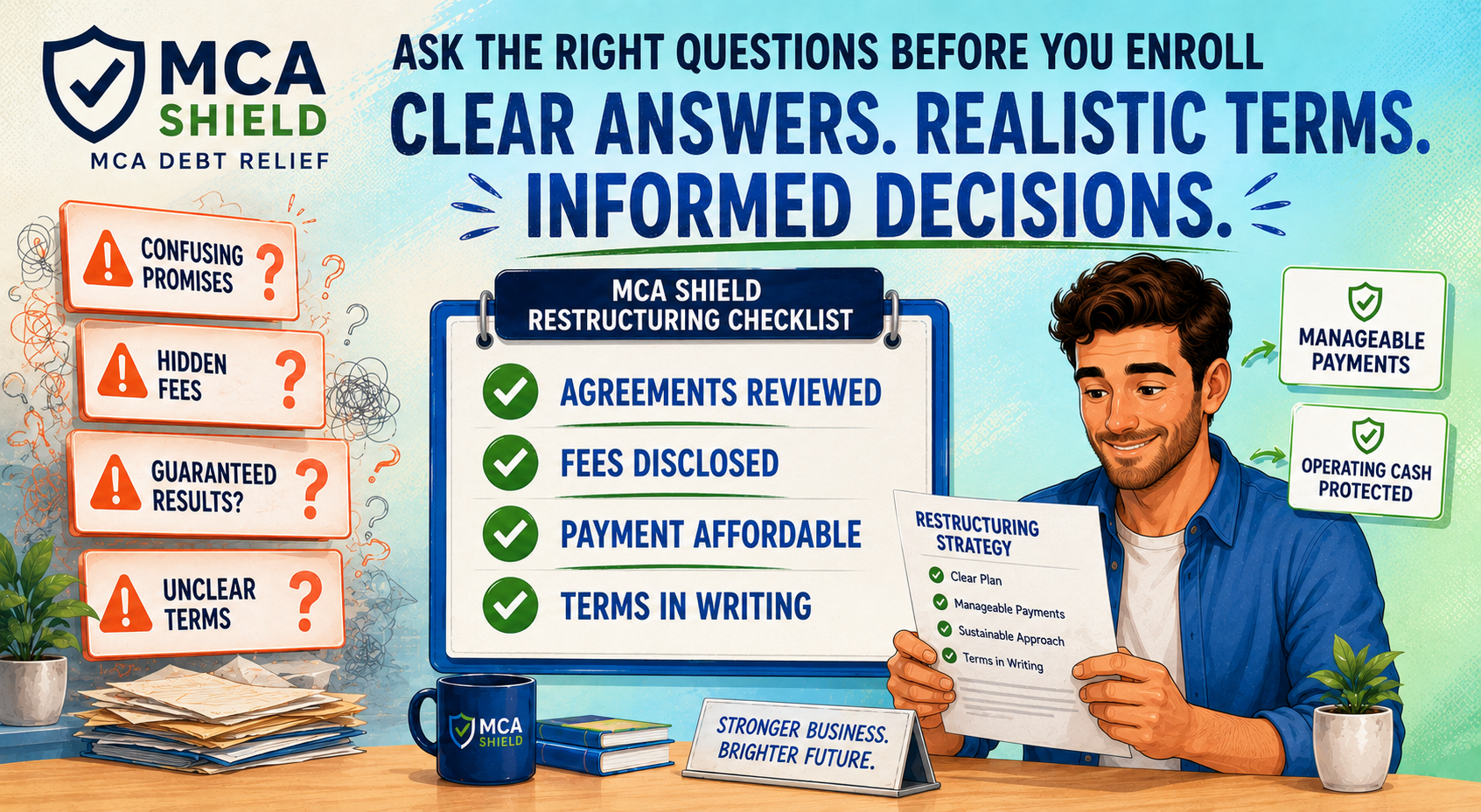 Business owner reviewing fees, agreements, affordable payments, and written terms when choosing an MCA debt restructuring company