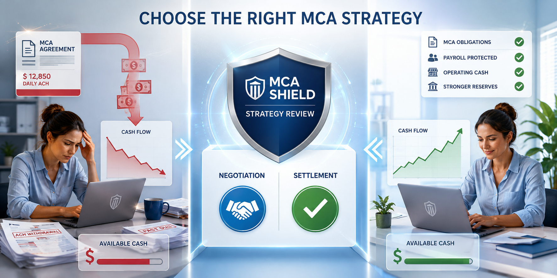 MCA negotiation vs settlement strategy protecting business cash flow, payroll, operating cash, and financial reserves