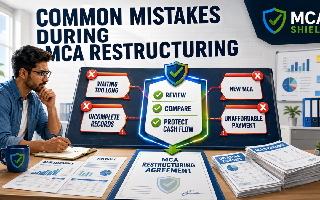 Common mistakes during MCA restructuring including incomplete records, unaffordable payments, waiting too long, and taking a new MCA
