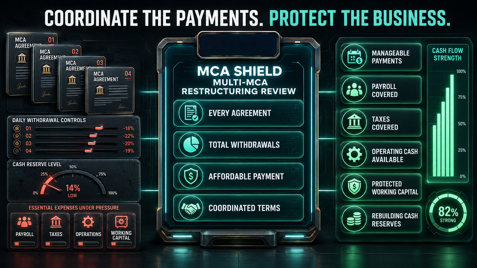 Multiple MCA payments coordinated through an MCA Shield restructuring review to protect payroll taxes working capital and business cash flow