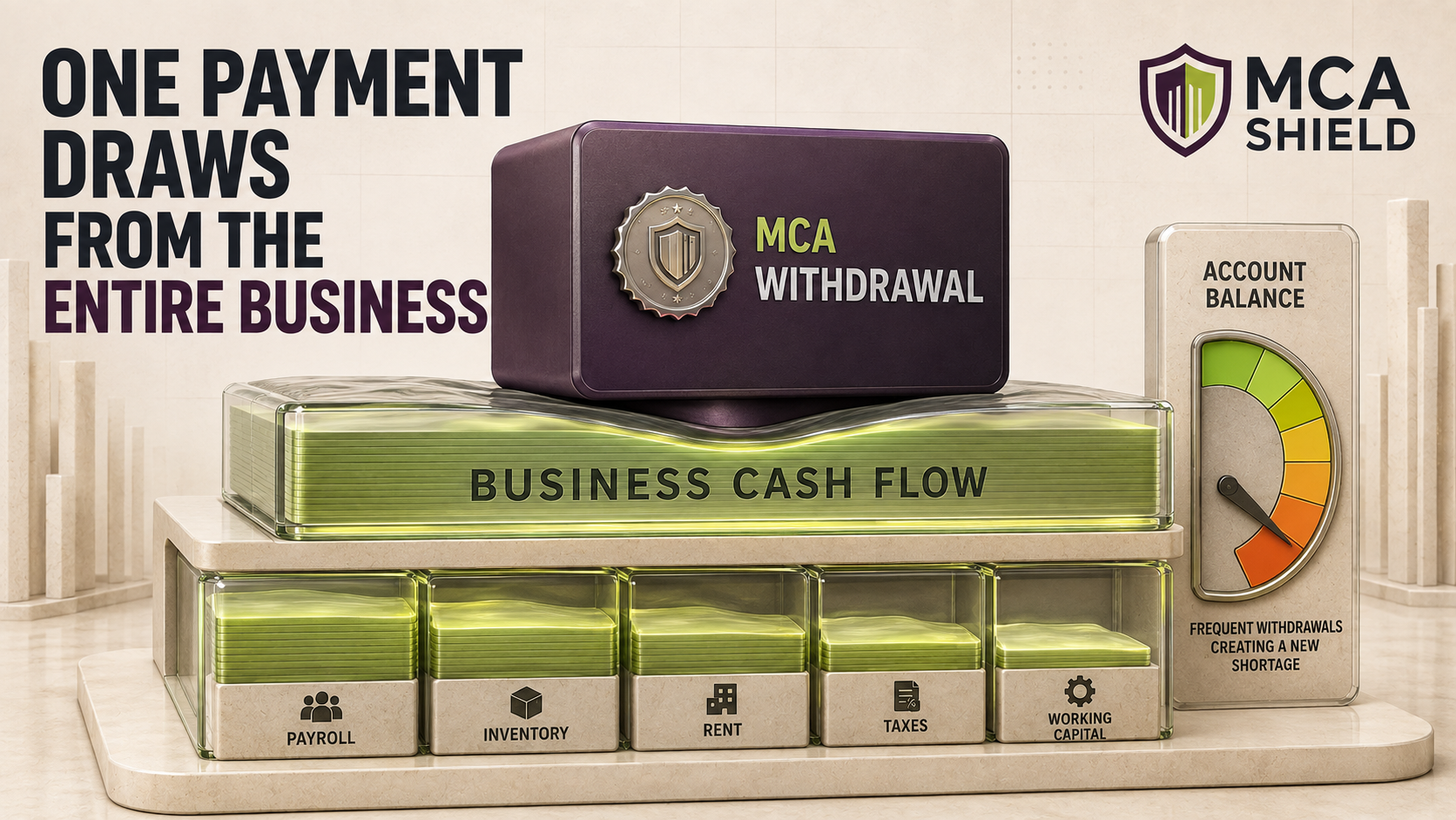 Daily MCA payment reducing funds for payroll, inventory, rent, taxes, and working capital