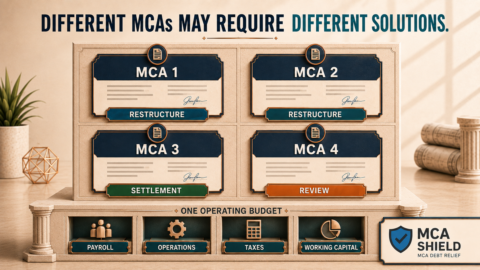 Multiple MCA agreements assigned restructuring settlement and review strategies within one affordable business operating budget