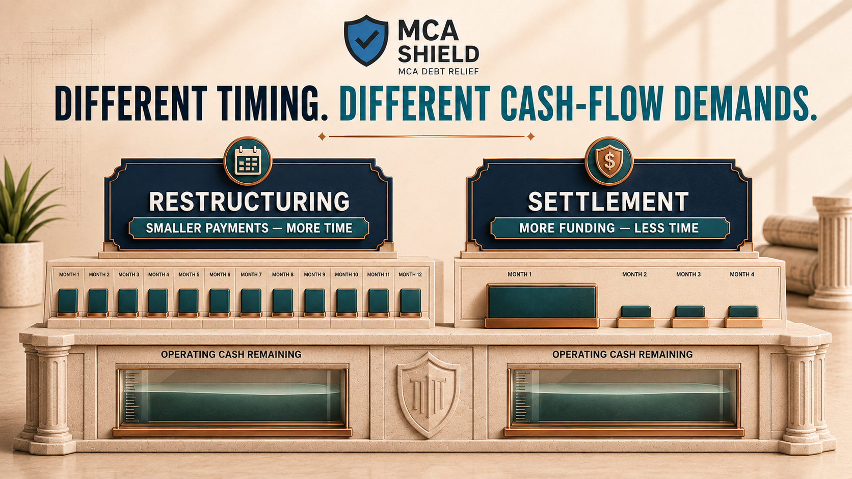 MCA restructuring vs settlement comparison showing different payment timing funding demands and remaining business operating cash