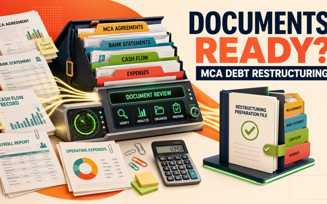 Documents needed for MCA debt restructuring, including MCA agreements, bank statements, cash-flow records, payroll reports, and operating expenses