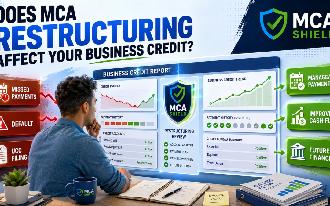 Business owner reviewing how MCA restructuring affects business credit, payment history, cash flow, UCC filings, and future financing