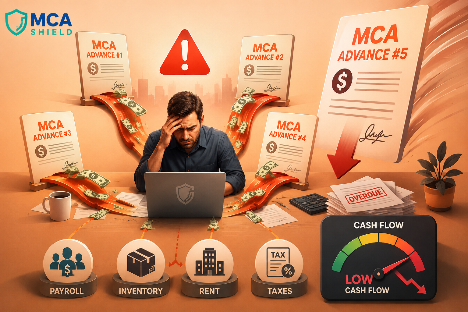Four merchant cash advances draining business cash flow as a fifth MCA increases pressure on payroll inventory rent and taxes