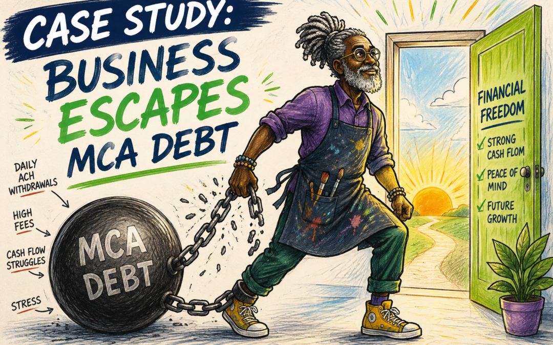 Hand-drawn illustration of a business owner escaping MCA debt by breaking free from daily ACH payments and moving toward improved cash flow and financial stability.