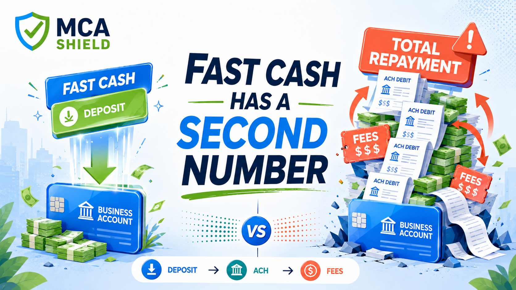 Fast cash MCA deposit compared with larger total repayment costs, ACH withdrawals, fees, and business cash flow pressure