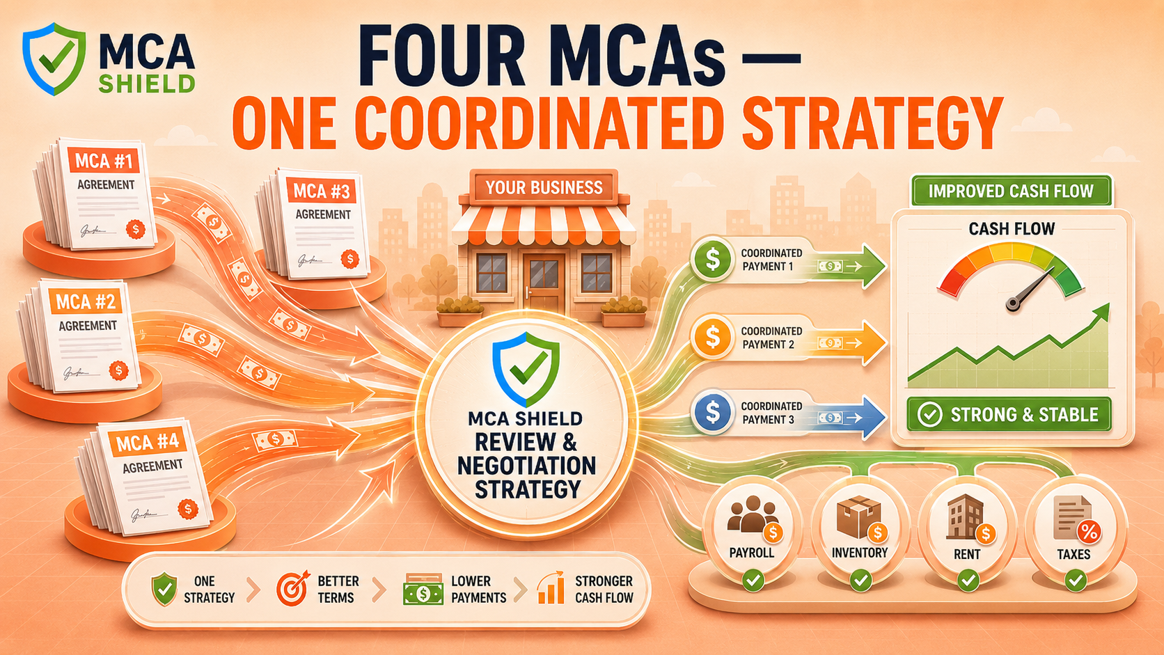 Four merchant cash advances coordinated through MCA Shield negotiation strategy to improve business cash flow and organize payments