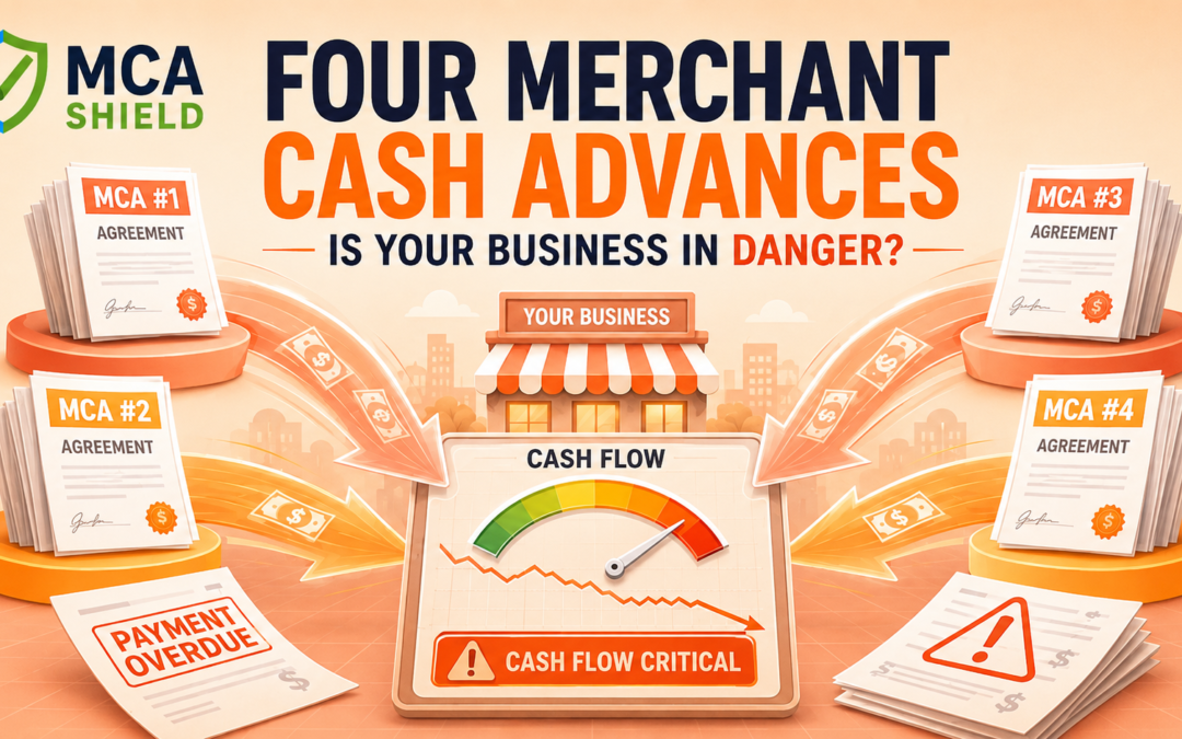 Four merchant cash advances overwhelming business cash flow with critical payment pressure and MCA debt warning signs