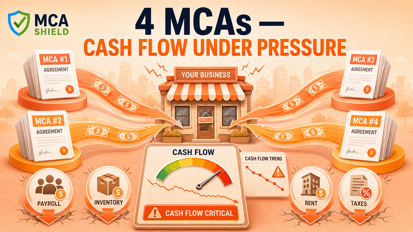 Four merchant cash advances draining business cash flow while payroll inventory rent and taxes compete for remaining revenue