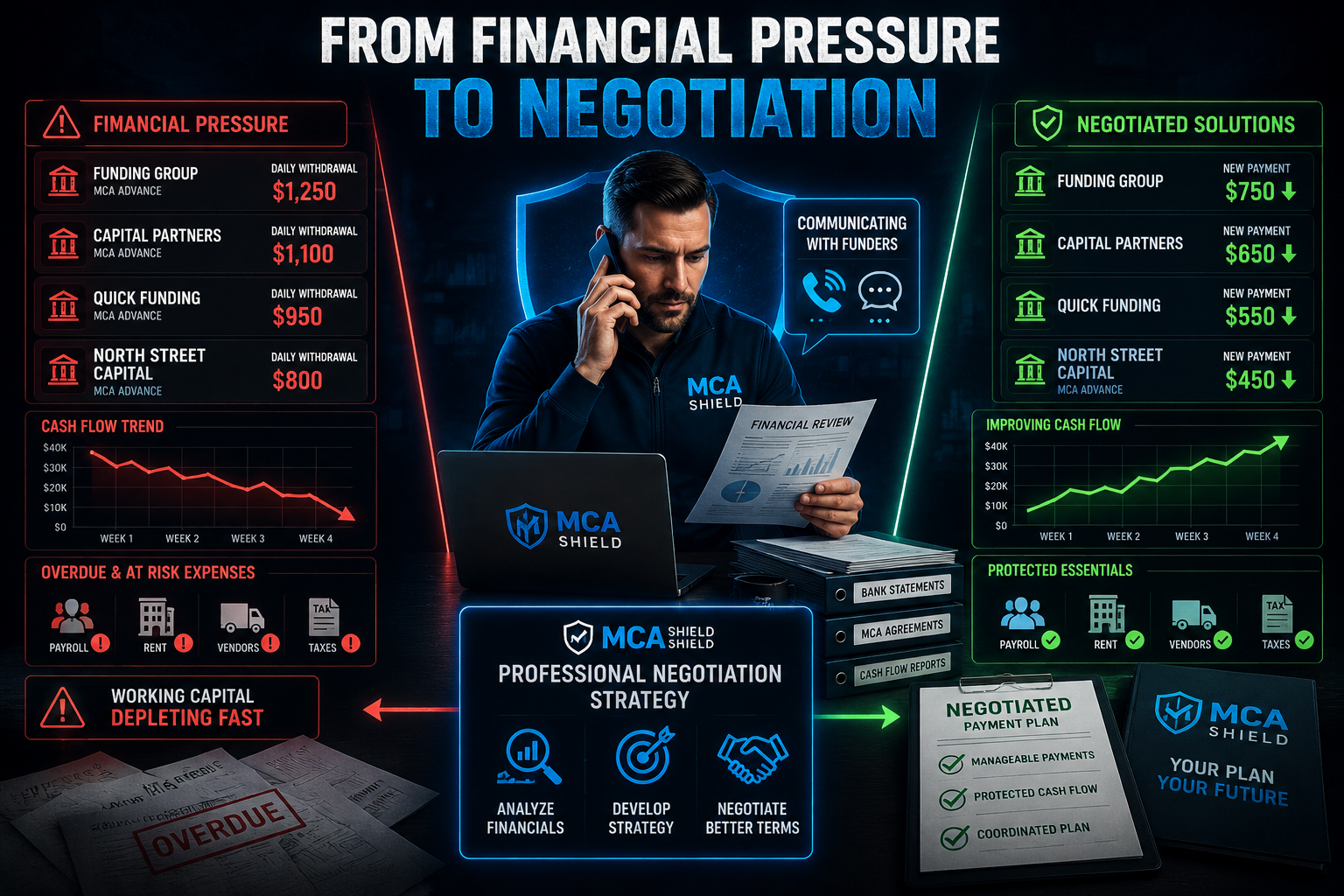 MCA Shield professional negotiating MCA debt with funders to reduce daily payments protect essential expenses and improve business cash flow