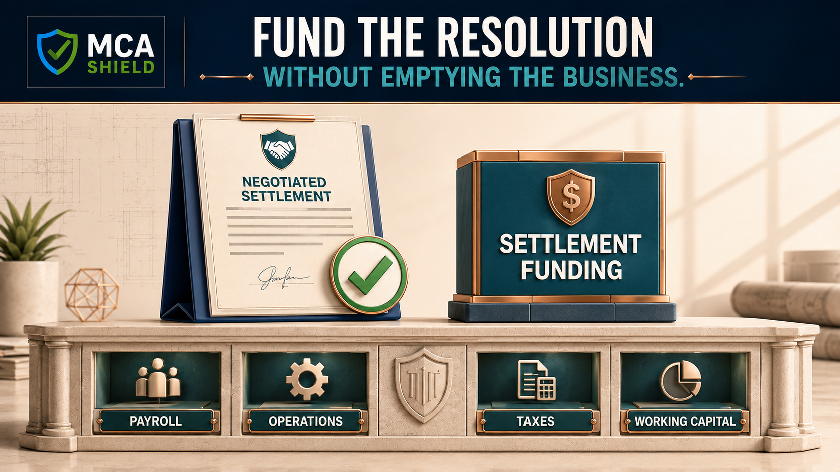MCA settlement funding graphic showing a negotiated resolution while protecting payroll operations taxes and working capital