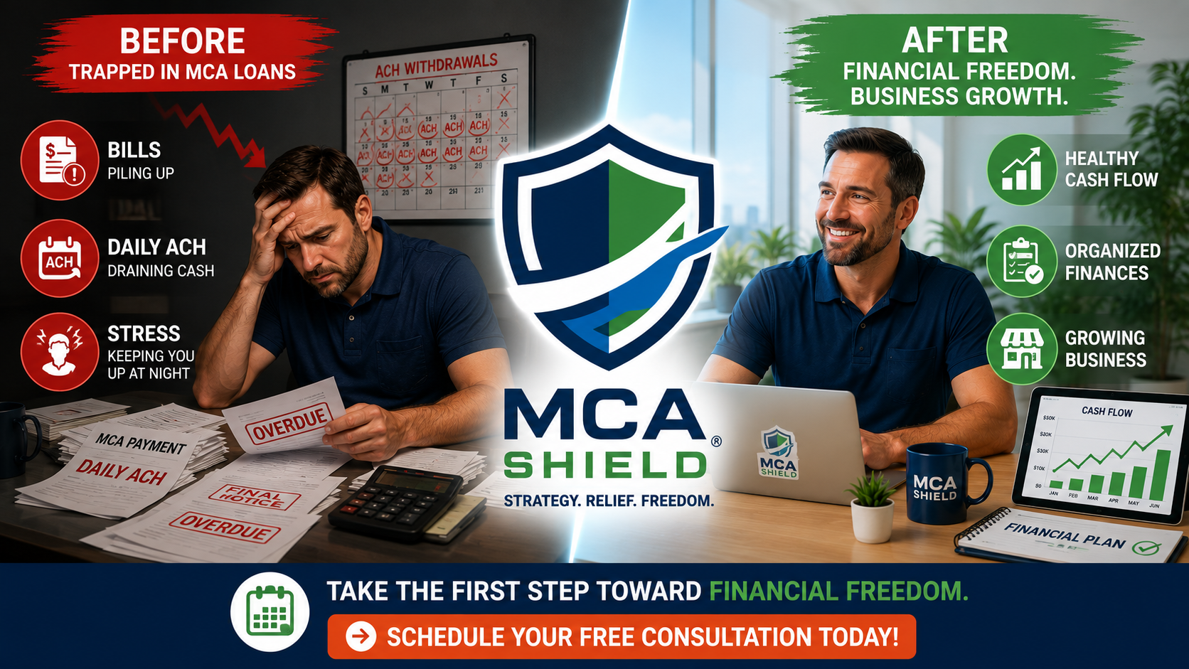 Split-screen infographic showing a business before and after getting out of MCA loans, with bills, daily ACH withdrawals, and financial stress transforming into healthy cash flow, organized finances, and long-term business growth through MCA Shield.