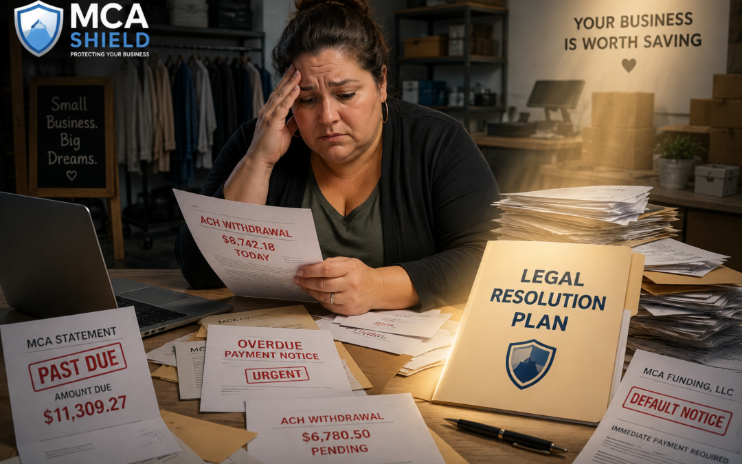 Small business owner reviewing overdue merchant cash advance loan notices and ACH withdrawal statements while seeking a legal way to get out of MCA loans.