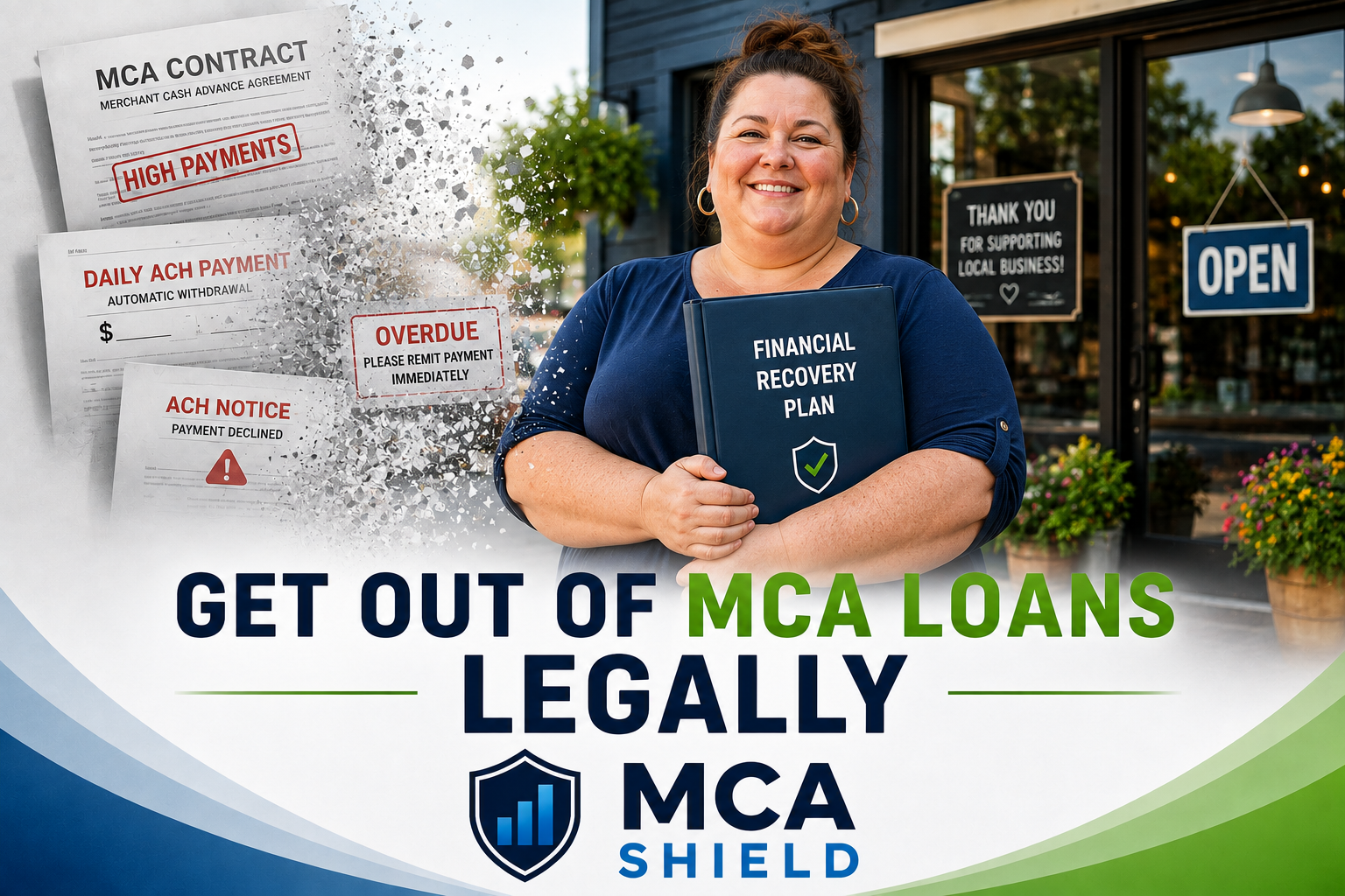 Business owner standing confidently outside a thriving business holding a financial recovery plan after legally getting out of MCA loans, with overdue bills, MCA contracts, and ACH notices fading into the background.
