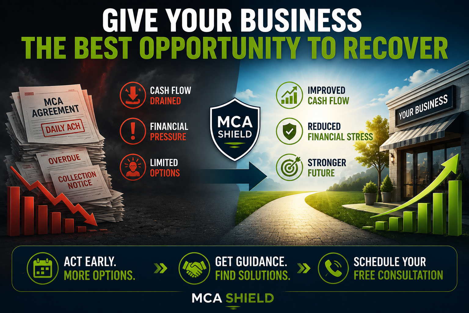 Illustration showing how early MCA debt relief can help a business recover by improving cash flow, reducing Merchant Cash Advance financial pressure, and creating a stronger path toward long-term business stability.