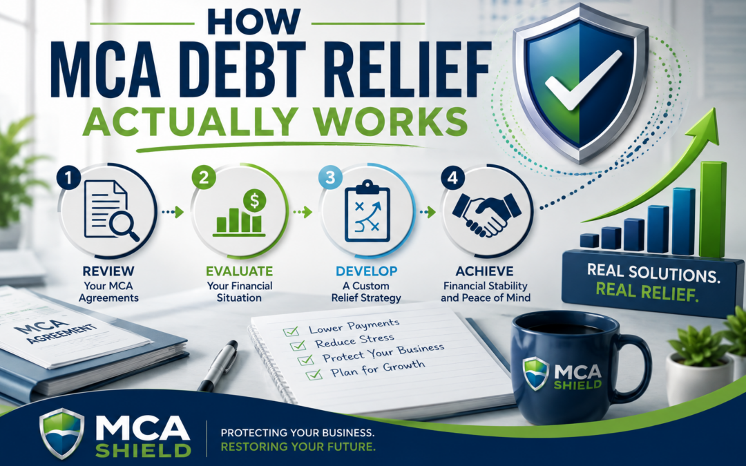 Infographic illustrating how MCA debt relief works, showing the step-by-step process from reviewing merchant cash advance agreements to achieving improved business financial stability.