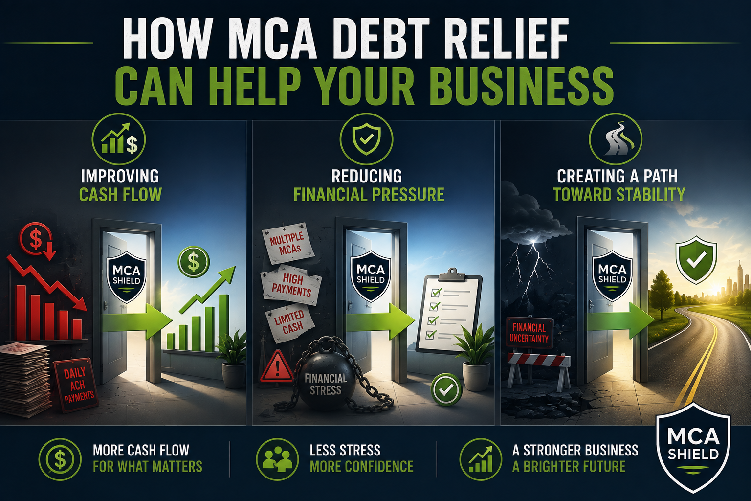 Illustration showing how MCA debt relief can help a business by improving cash flow, reducing Merchant Cash Advance financial pressure, and creating a path toward long-term business stability and growth.