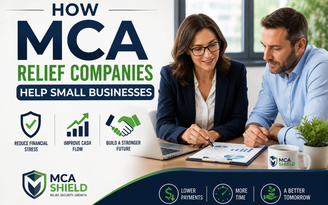 Illustration of a small business owner meeting with an MCA relief company to review finances, improve cash flow, and explore Merchant Cash Advance relief options.