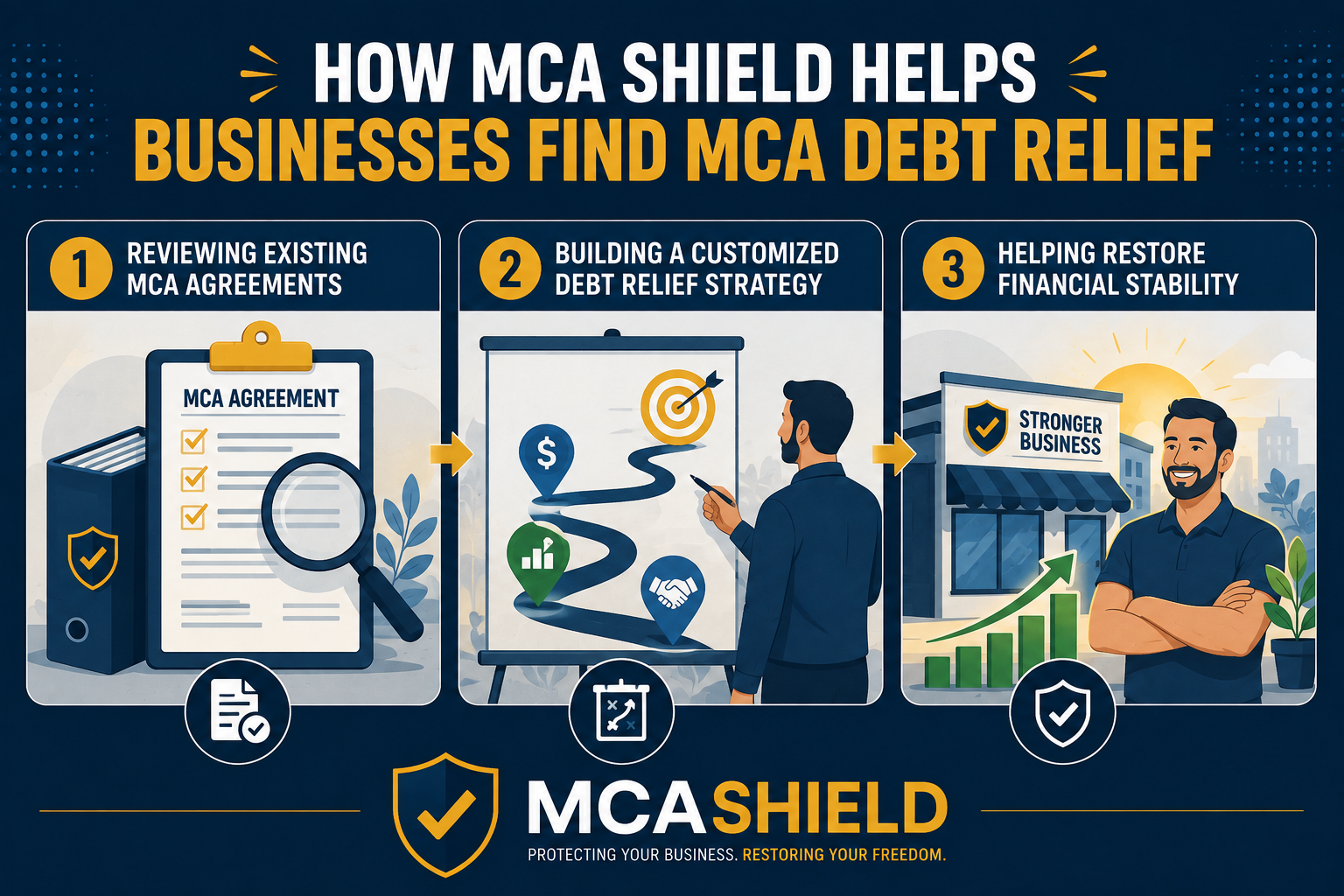 Infographic showing how MCA Shield helps businesses find MCA debt relief by reviewing merchant cash advance agreements, creating a customized debt relief strategy, and restoring long-term financial stability.