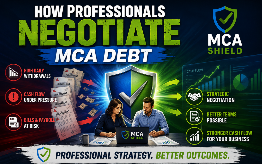 Professional MCA debt negotiation strategy showing MCA Shield helping a business manage daily withdrawals improve payment terms and strengthen cash flow