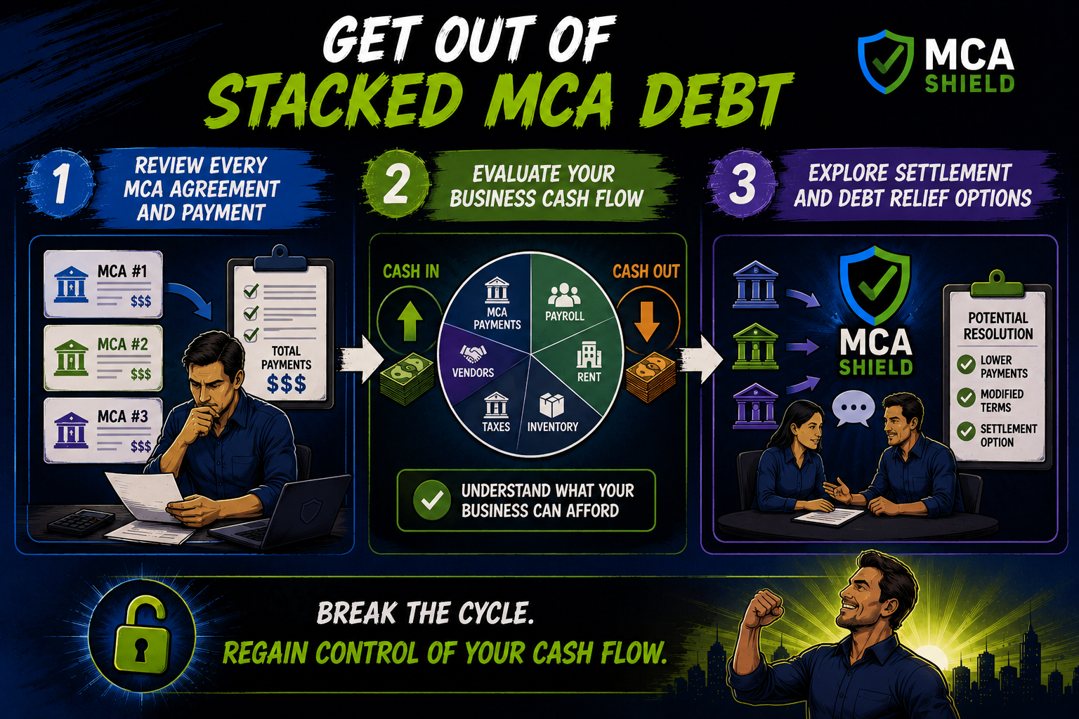 How to get out of stacked MCA debt by reviewing agreements evaluating cash flow and exploring MCA settlement options