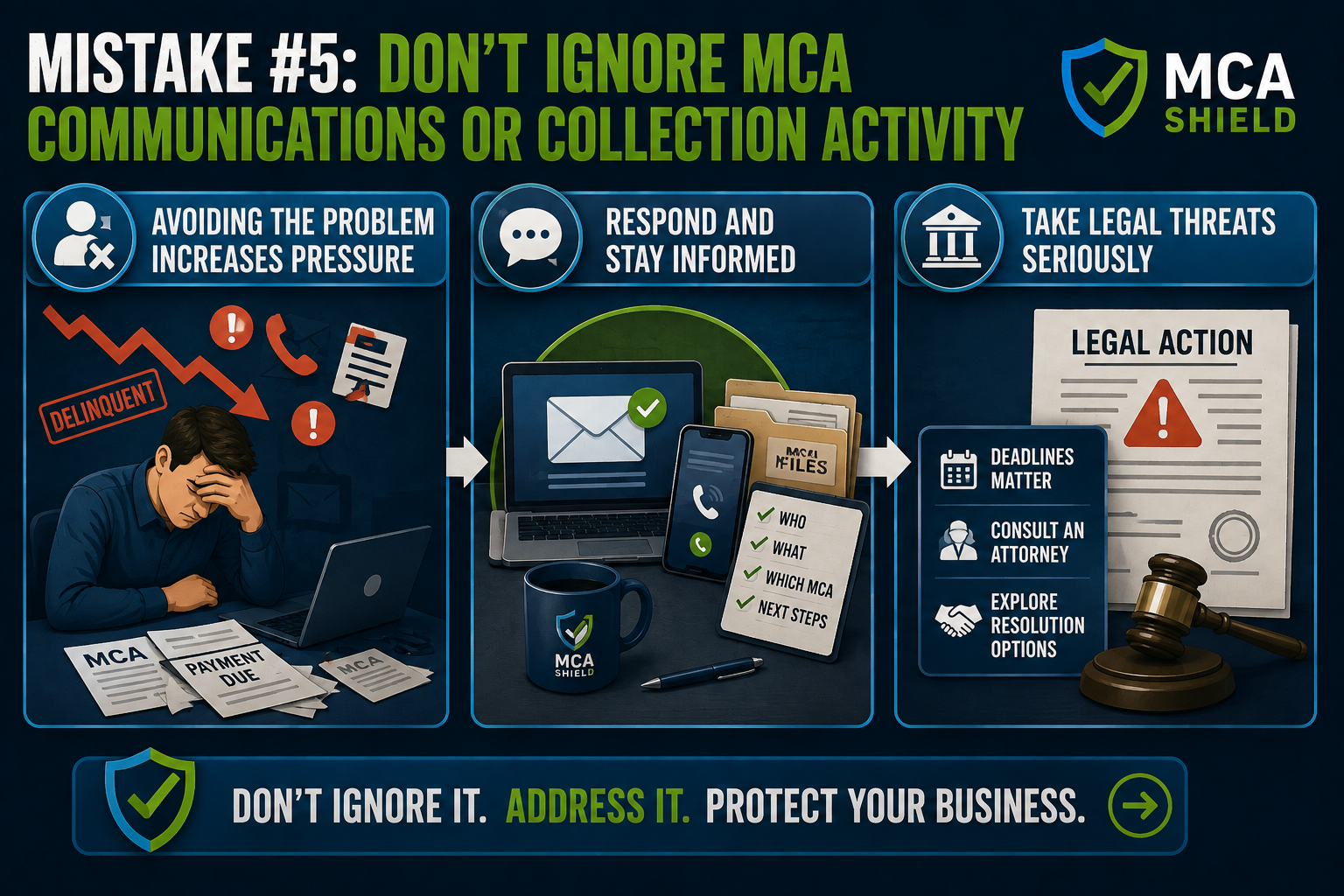 Ignoring MCA funder communications and collection activity can increase financial and legal pressure