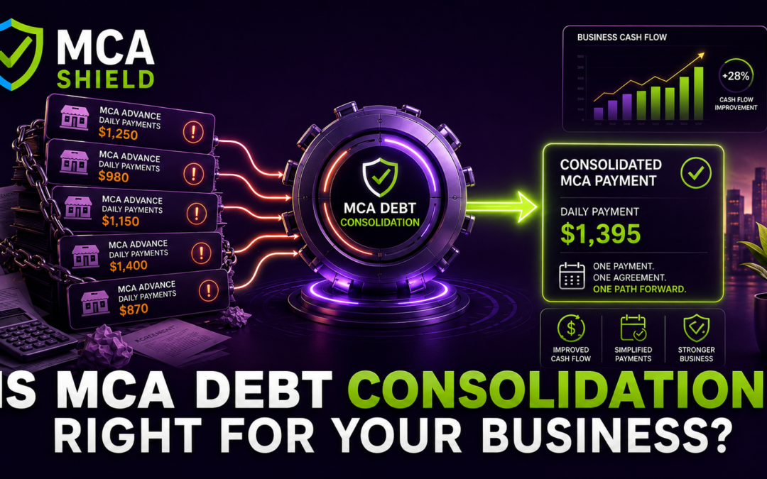 MCA debt consolidation graphic showing multiple merchant cash advance payments combined into one manageable payment with improved business cash flow