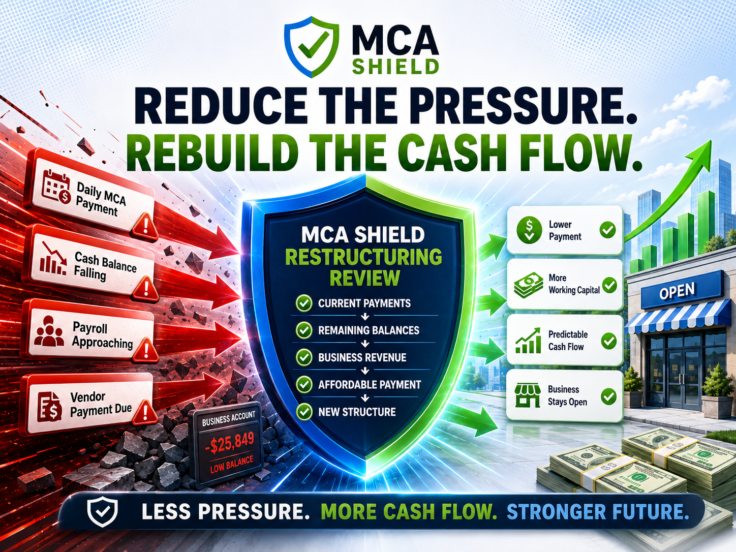 MCA Shield restructuring graphic showing lower daily MCA payments improved cash flow and a business staying open