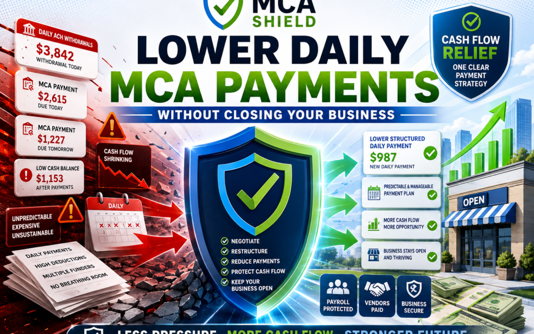 MCA Shield graphic showing how to lower daily MCA payments improve cash flow and keep your business open