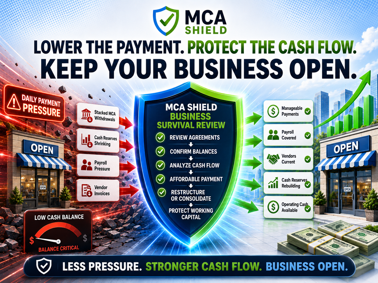 MCA Shield business survival review showing lower MCA payments stronger cash flow and a business staying open