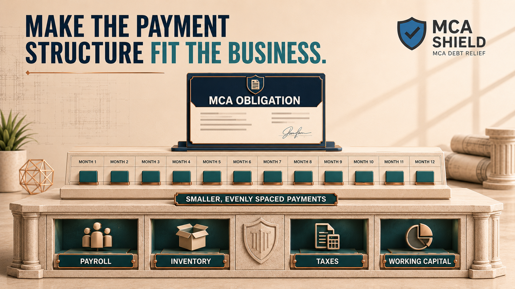 MCA restructuring graphic showing smaller evenly spaced payments while protecting payroll inventory taxes and working capital