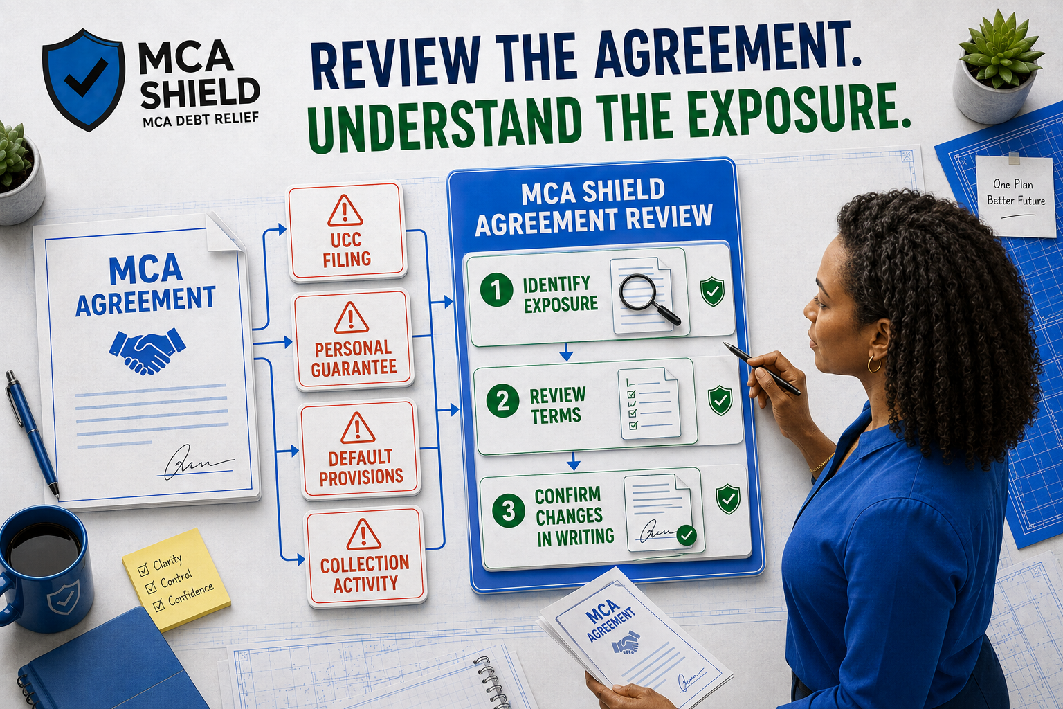 MCA agreement review showing UCC filing, personal guarantee, default provisions, collection activity, and written restructuring terms