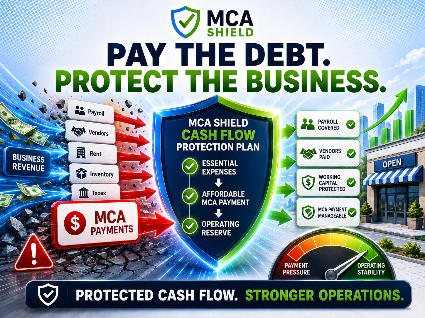 MCA Shield cash flow protection plan showing manageable MCA payments protected payroll vendors and working capital