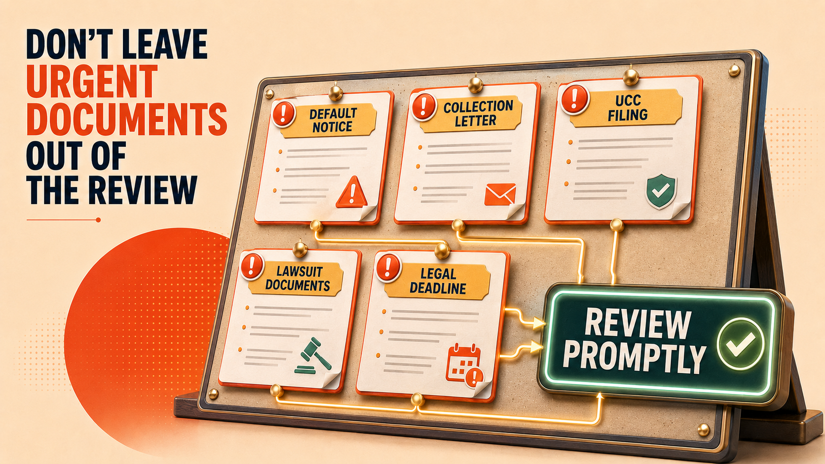 Urgent MCA documents organized for review, including a default notice, collection letter, UCC filing, lawsuit documents, and legal deadline