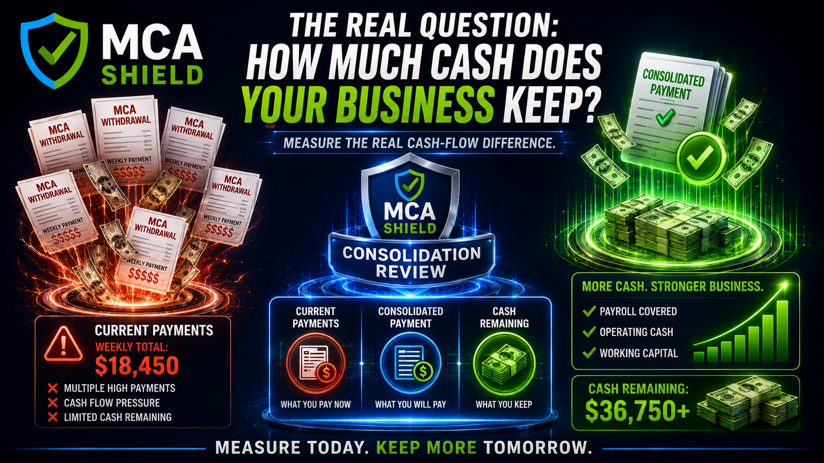 MCA debt consolidation and cash flow graphic comparing current MCA payments consolidated payment and cash remaining for payroll operations and working capital