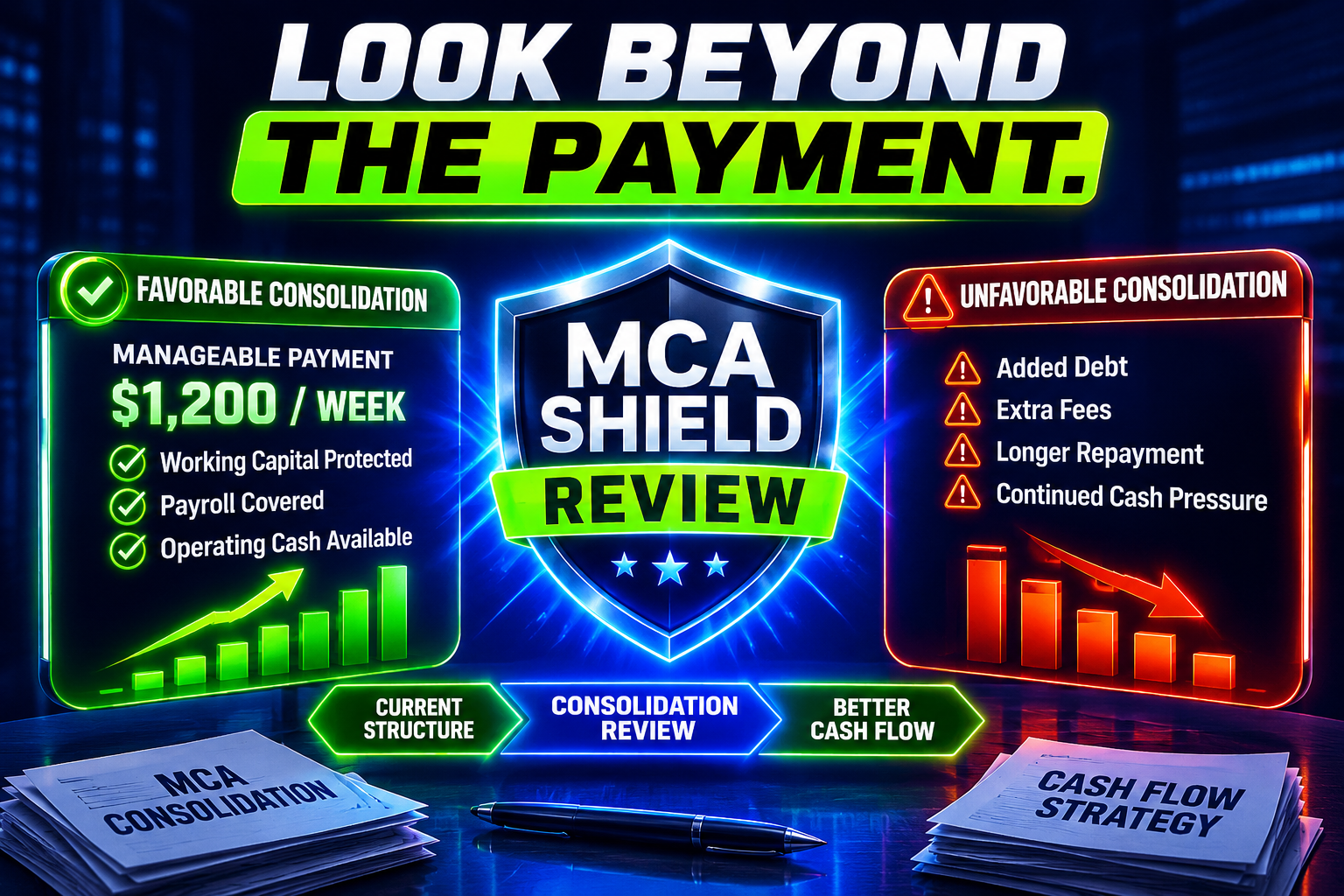 MCA debt consolidation and cash flow graphic comparing favorable and unfavorable consolidation outcomes including working capital fees repayment terms and cash pressure