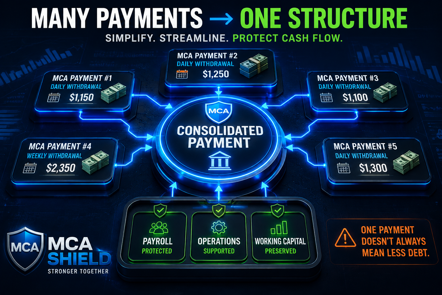 MCA consolidation graphic showing multiple merchant cash advance payments combined into one payment structure with protected payroll operations and working capital