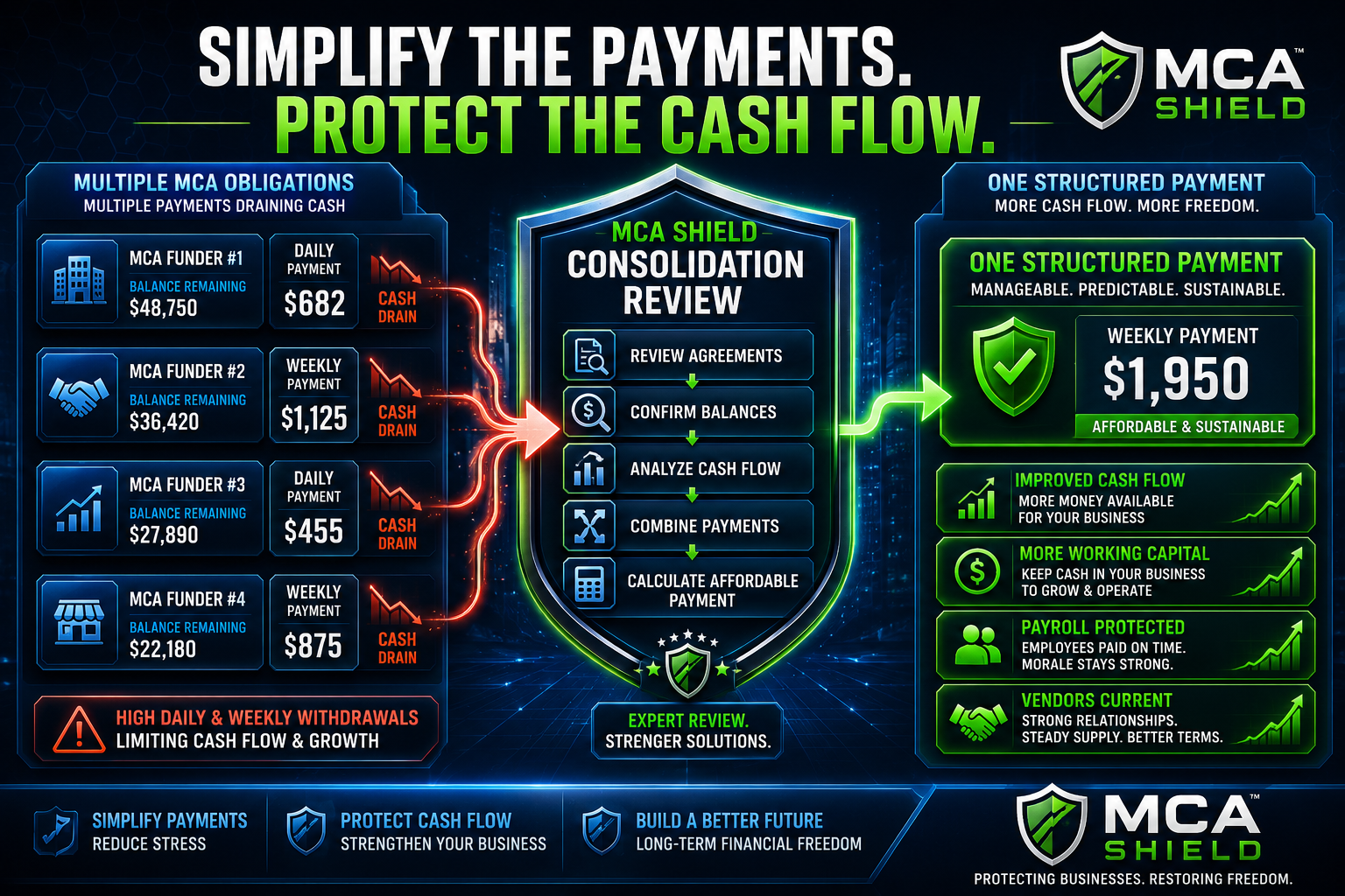 MCA consolidation graphic showing multiple merchant cash advance payments combined into one structured payment to improve cash flow and protect working capital
