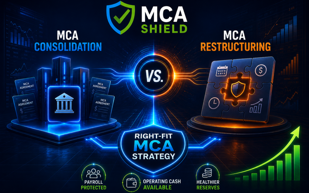 MCA consolidation vs MCA debt restructuring comparison showing right fit MCA strategy protected payroll operating cash and healthier business reserves