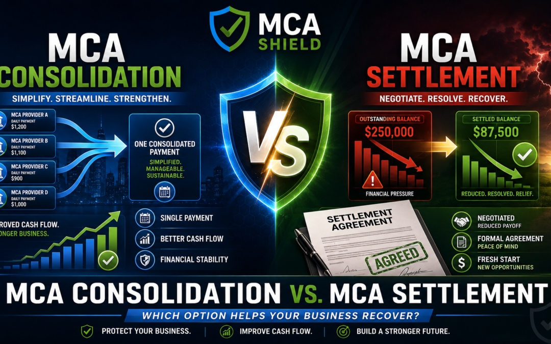 MCA consolidation vs MCA settlement comparison graphic showing MCA Shield logo payment consolidation reduced settlement balance improved cash flow and business recovery
