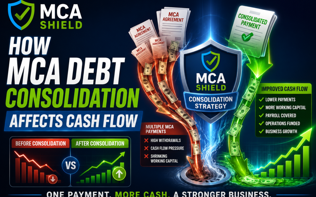 MCA debt consolidation and cash flow graphic showing multiple payments becoming lower payments improved working capital protected payroll and stronger business cash flow